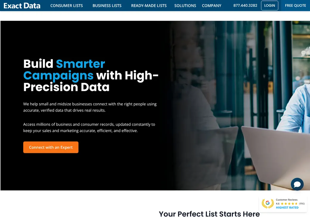 Screenshot of Exact Data's home page at exactdata.com