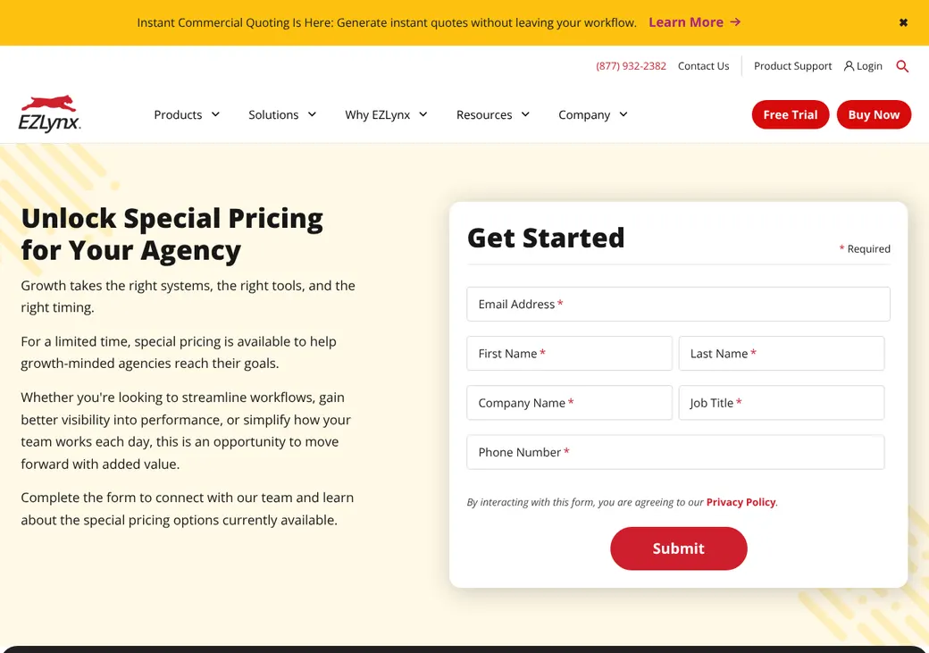 Screenshot of EZLynx Rating Engine's pricing page at ezlynx.com