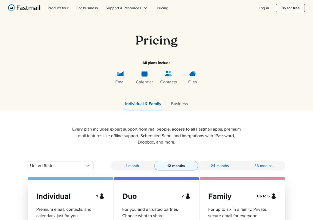 Screenshot of Fastmail's pricing page at fastmail.com