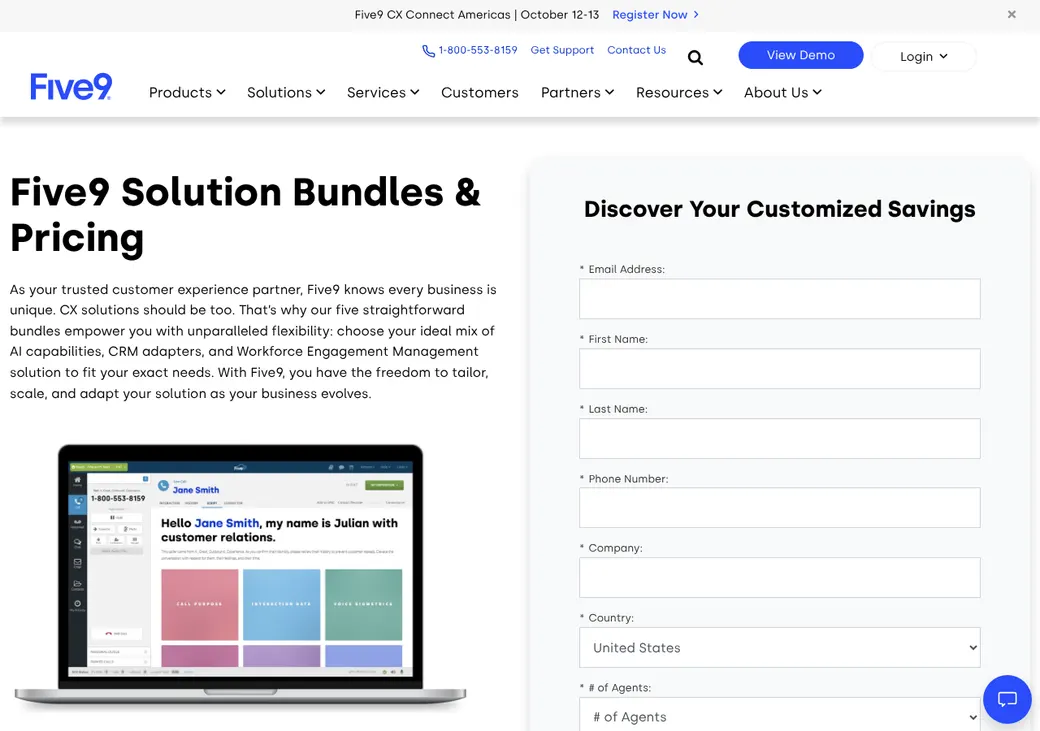 Screenshot of Five9's pricing page at five9.com
