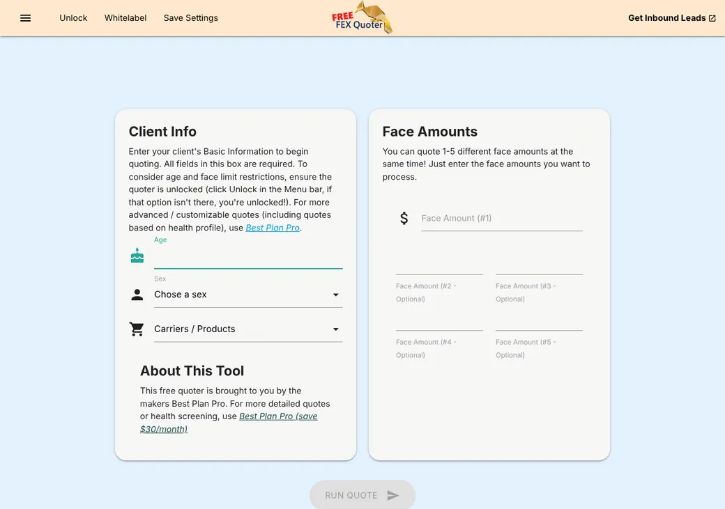 Screenshot of Free FEX Quoter's home page at freefexquoter.com
