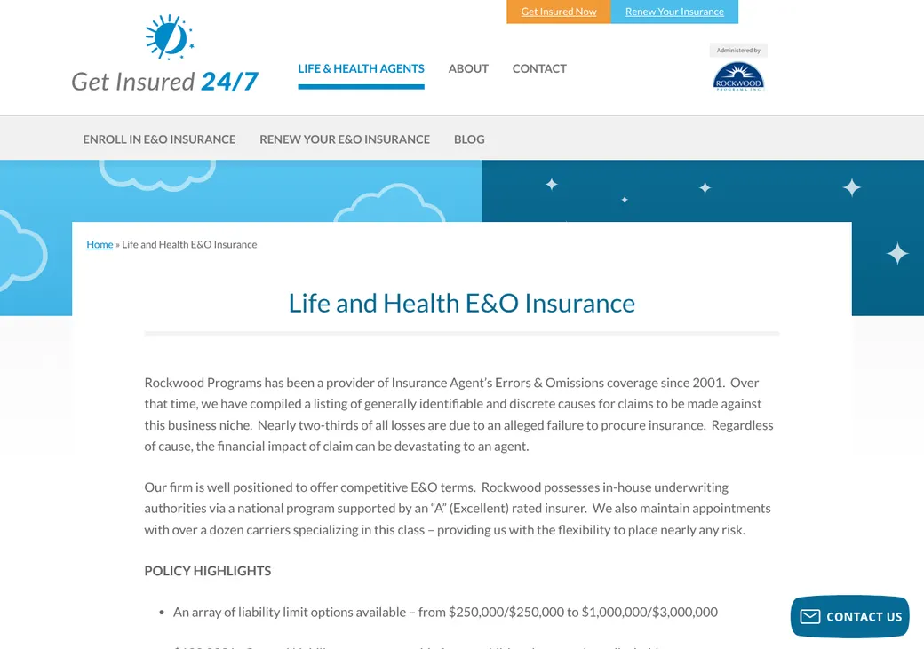 Screenshot of Get Insured 24/7's product page at getinsured247.com