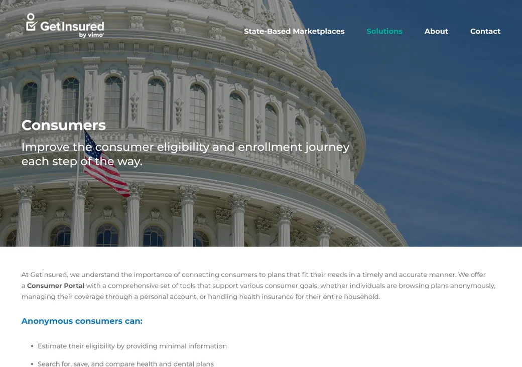 Screenshot of GetInsured's product page at company.getinsured.com