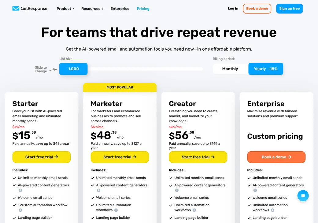 Screenshot of GetResponse Email Marketing's pricing page at getresponse.com
