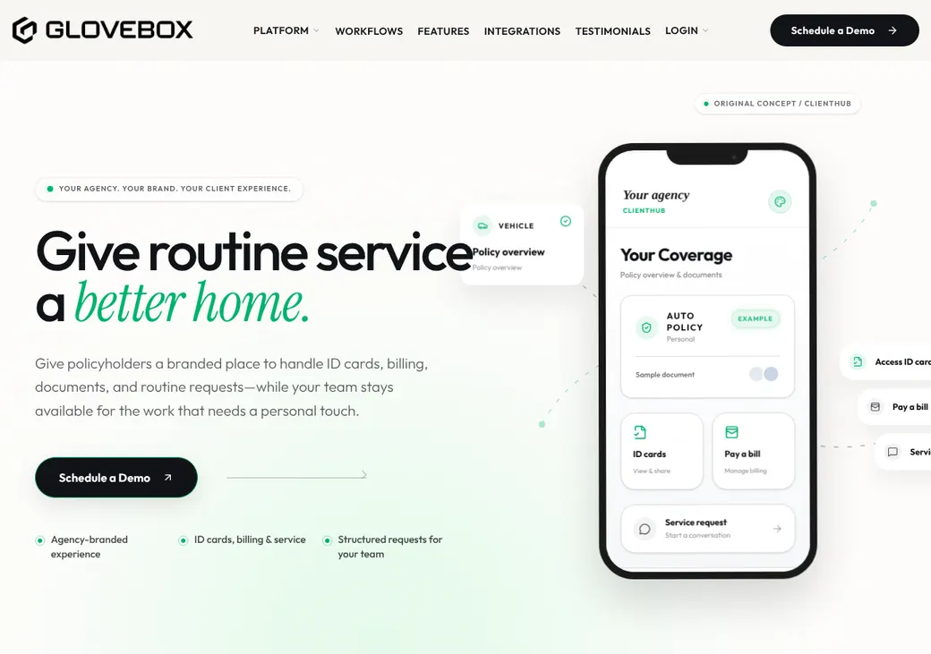 Screenshot of GloveBox CRM's home page at glovebox.io