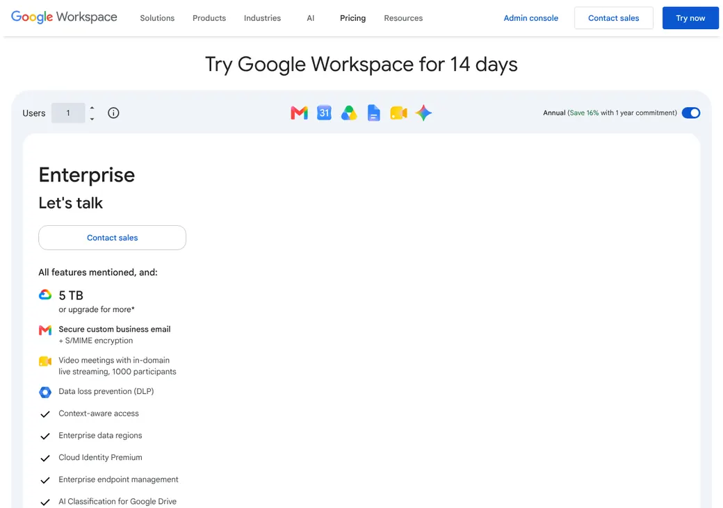 Screenshot of Google Calendar appointment schedules' pricing page at workspace.google.com