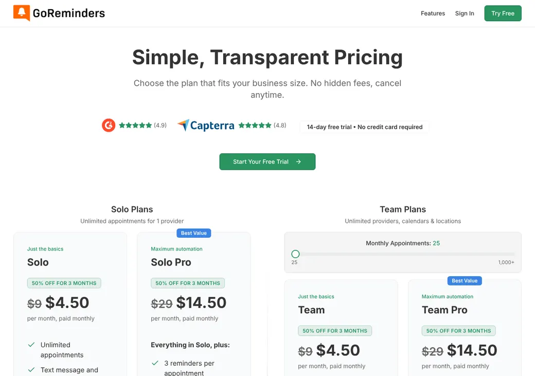 Screenshot of GoReminders' pricing page at billing-node938474782.goreminders.com