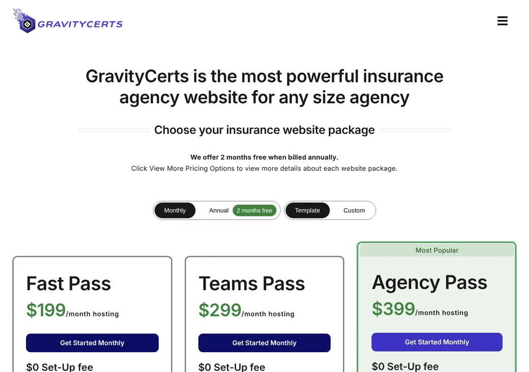 Screenshot of GravityCerts' pricing page at gravitycerts.com