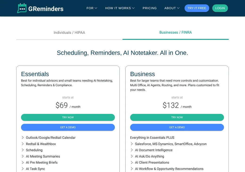 Screenshot of GReminders' pricing page at greminders.com