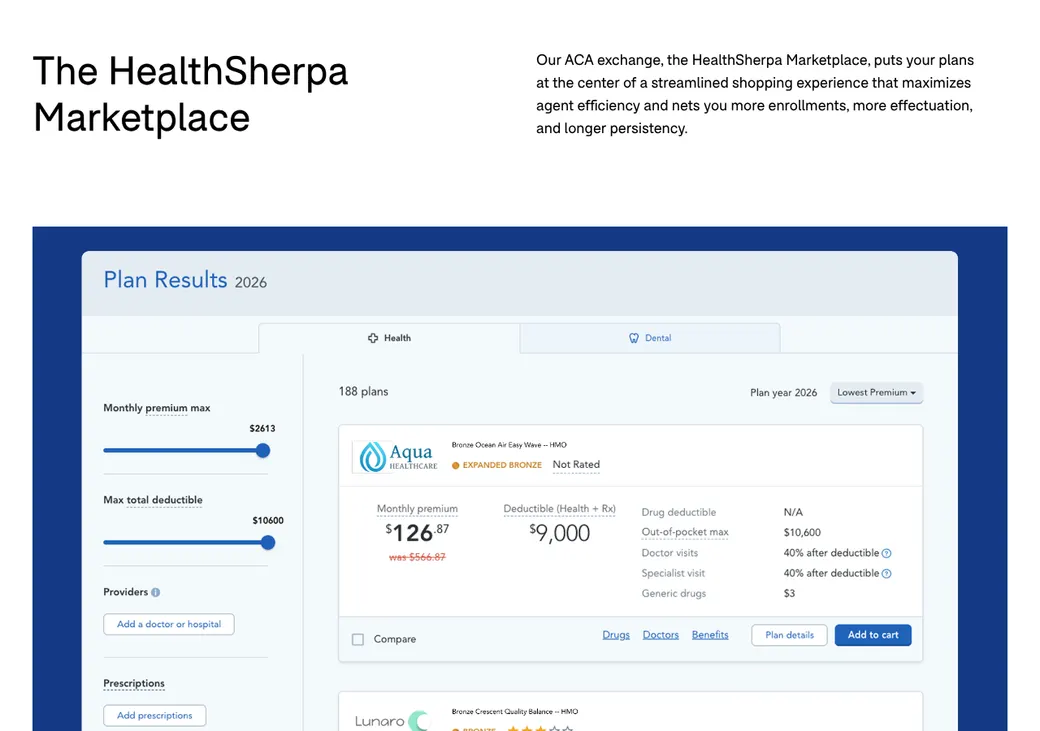 Screenshot of HealthSherpa for Agents' product page at healthsherpa.com