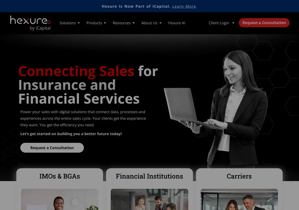 Screenshot of Hexure's home page at hexure.com
