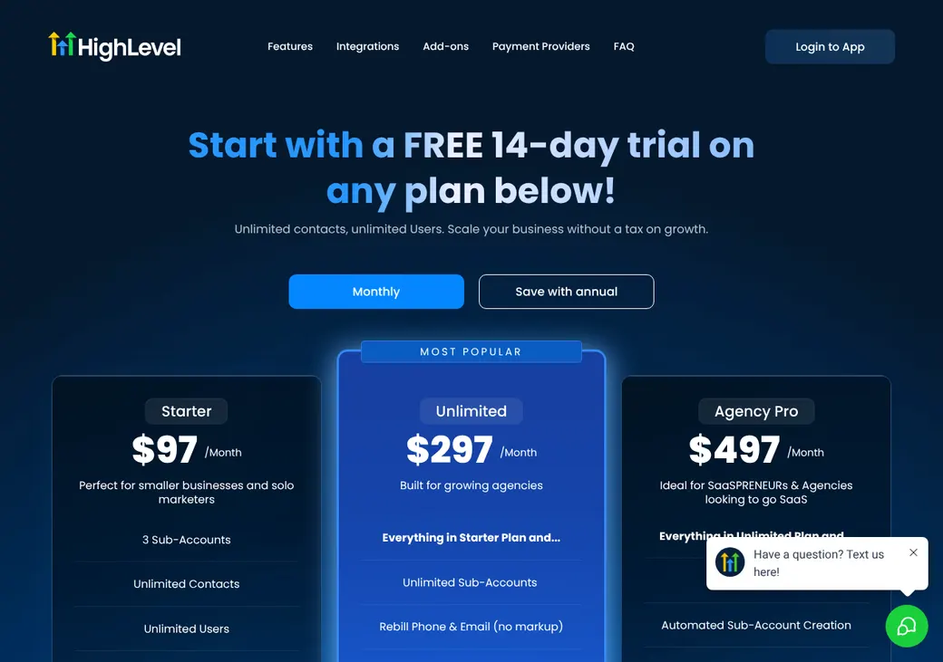 Screenshot of HighLevel's pricing page at gohighlevel.com