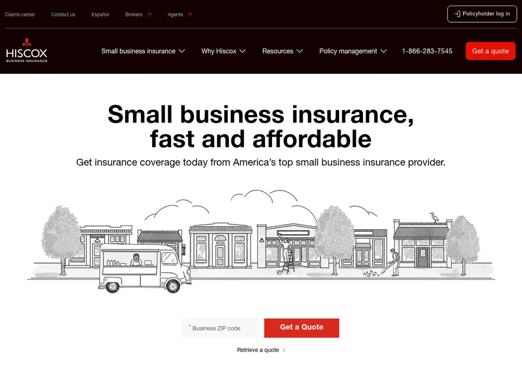 Screenshot of Hiscox's small business insurance page at hiscox.com
