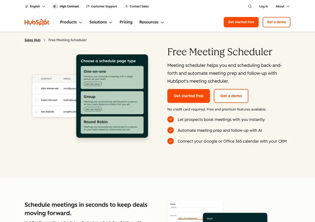 Screenshot of HubSpot Meetings' product page at hubspot.com