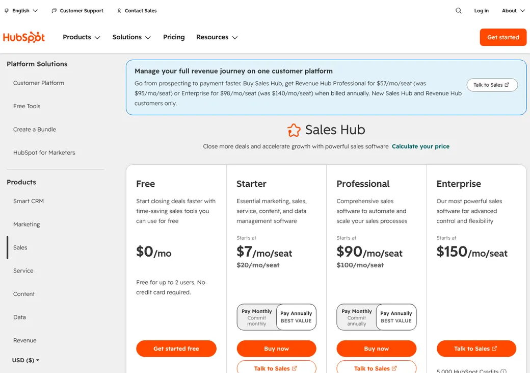 Screenshot of HubSpot's pricing page at hubspot.com