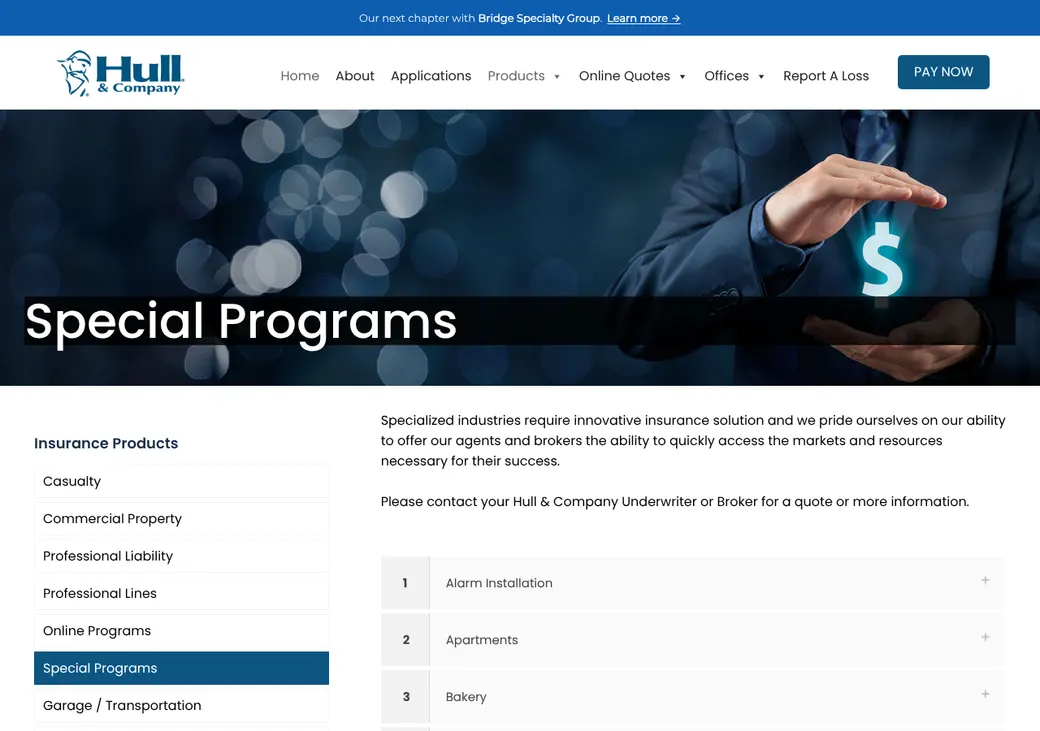 Screenshot of Hull & Company's product page at hullandco.com