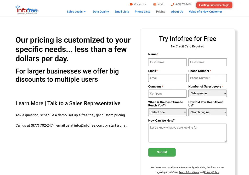 Screenshot of Infofree's pricing page at infofree.com