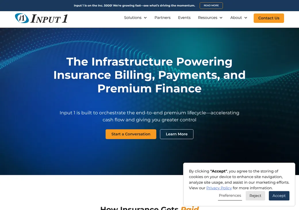 Screenshot of Input 1's home page at input1.com