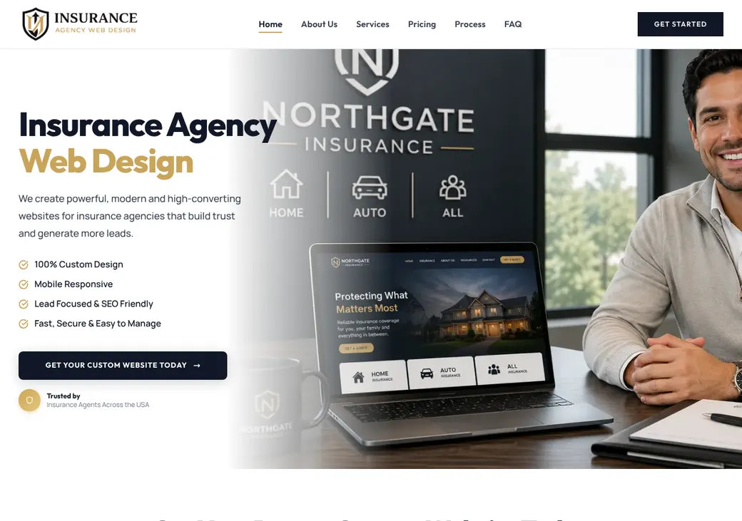 Screenshot of Insurance Agency Web Design, an Infodots division's home page at insuranceagencywebdesign.com