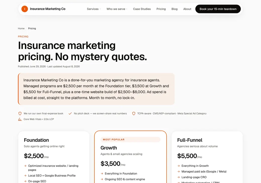 Screenshot of Insurance Marketing Co's pricing page at insurancemarketingco.com