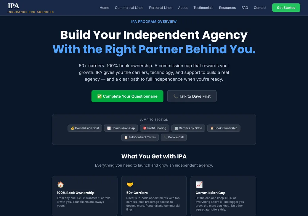 Screenshot of Insurance Pro Agencies' product page at insuranceproagencies.com