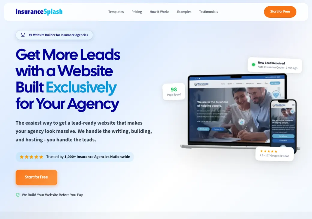 Screenshot of InsuranceSplash's home page at websites.insurancesplash.com