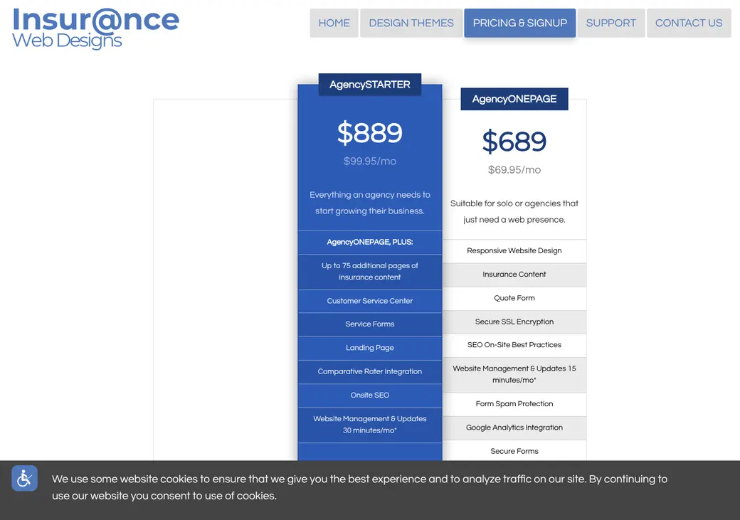 Screenshot of InsuranceWebDesigns' pricing page at insurancewebdesigns.com