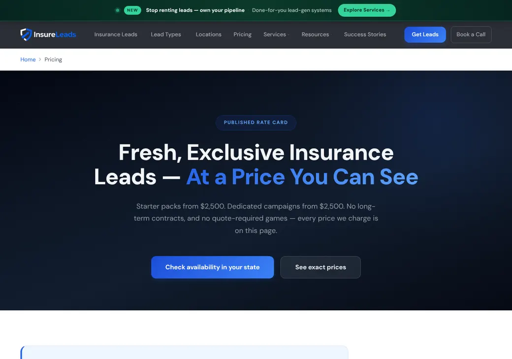 Screenshot of InsureLeads' pricing page at getinsureleads.com