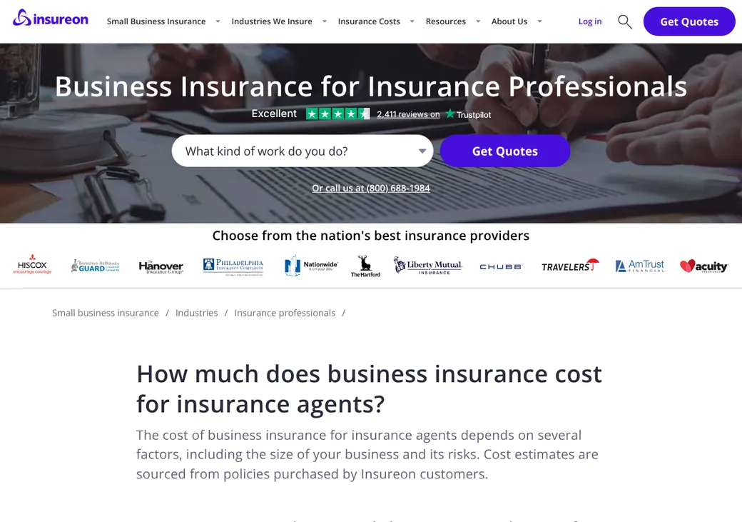 Screenshot of Insureon's pricing page at insureon.com