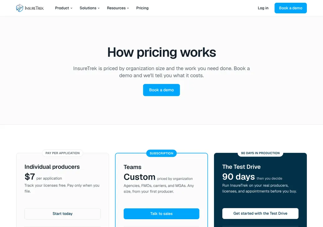Screenshot of InsureTrek's pricing page at insuretrek.com