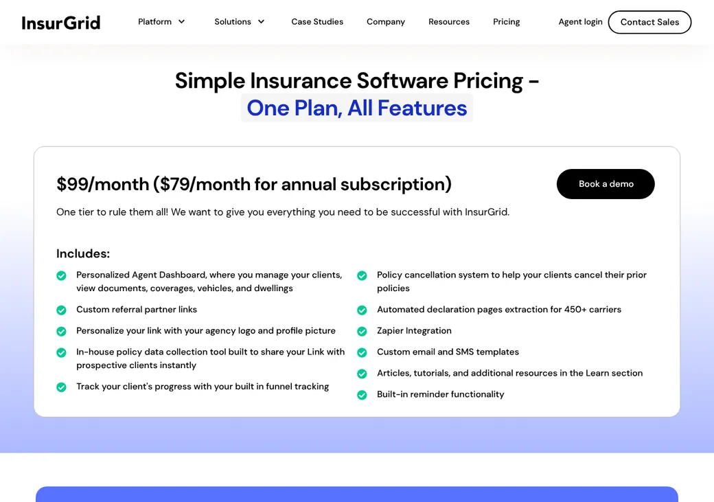 Screenshot of InsurGrid Proposal Builder's pricing page at insurgrid.com