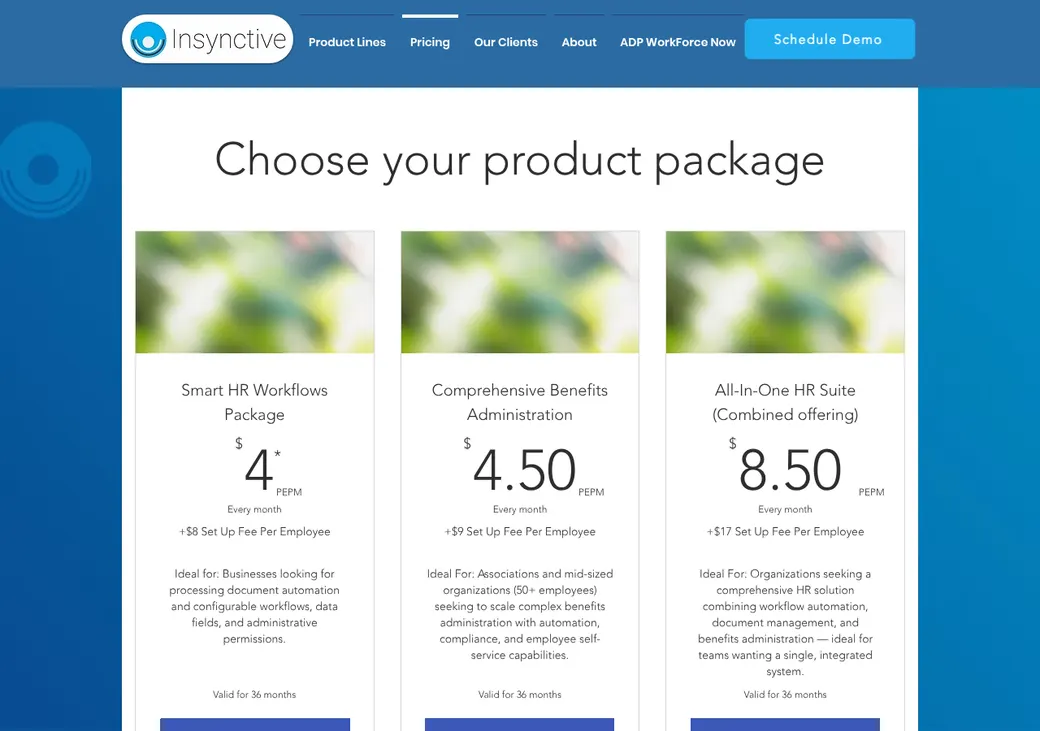 Screenshot of Insynctive's pricing page at insynctive.com