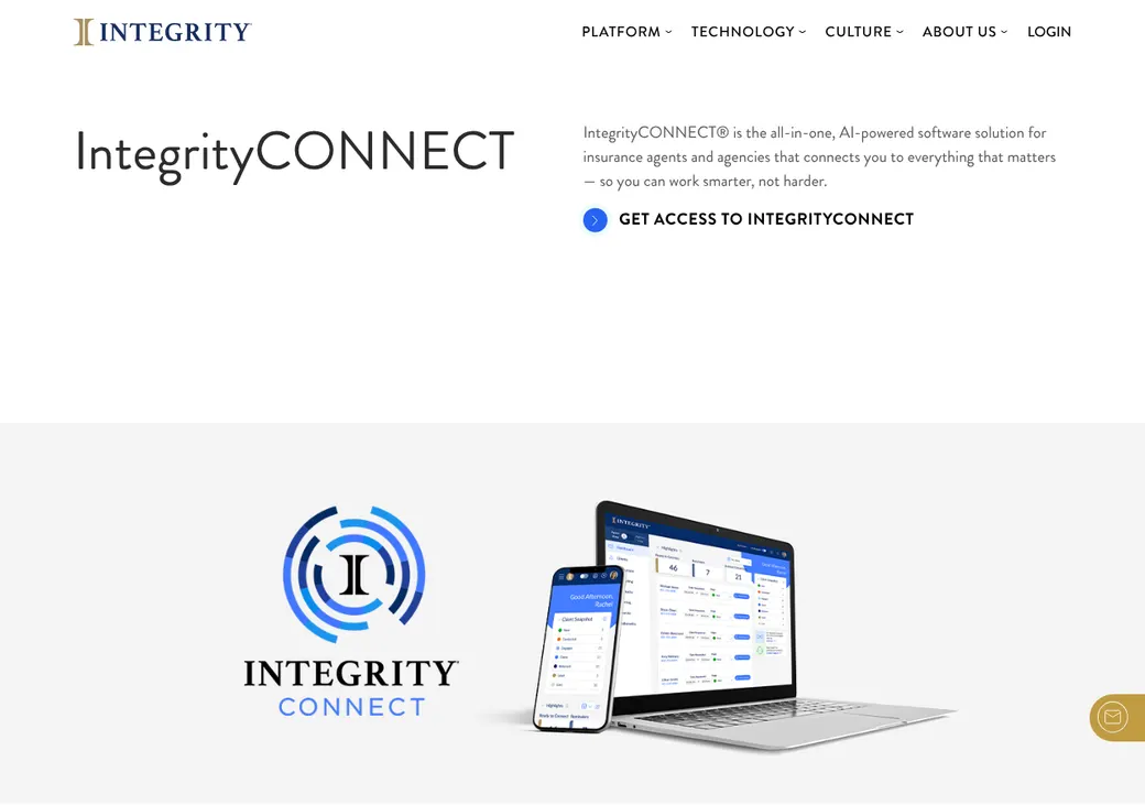 Screenshot of IntegrityCONNECT's home page at integrity.com
