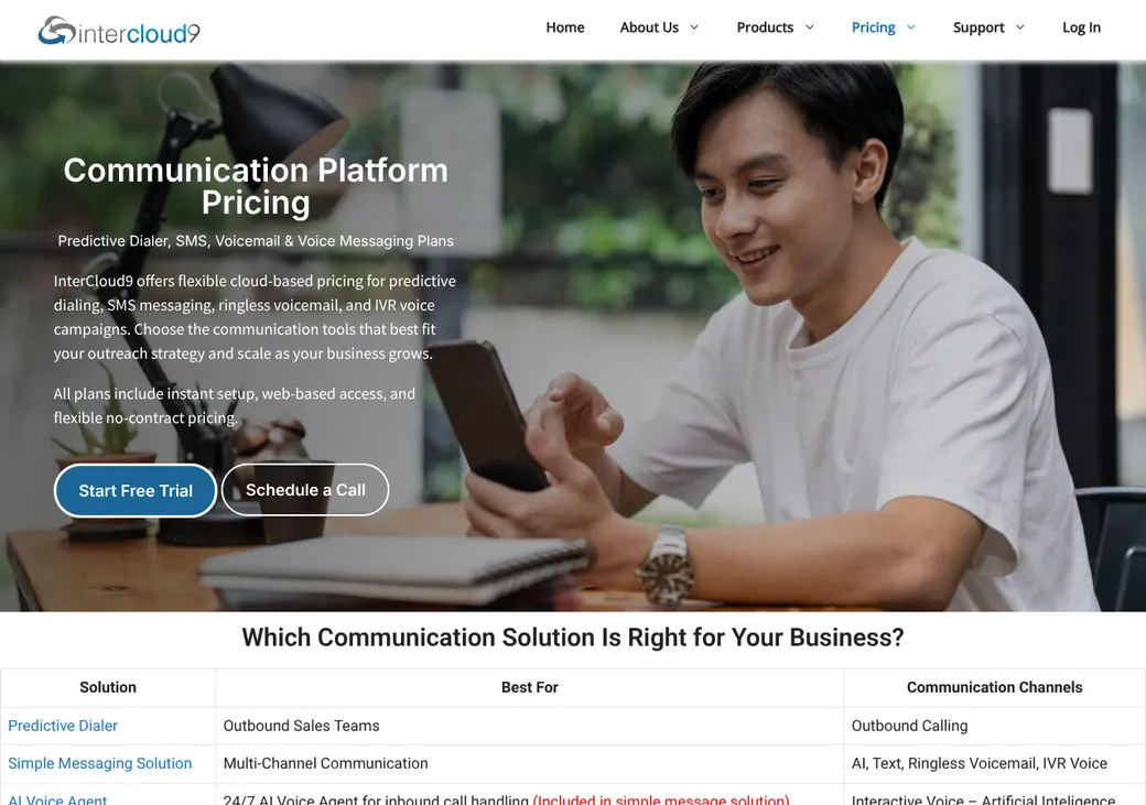 Screenshot of InterCloud9's pricing page at intercloud9.com