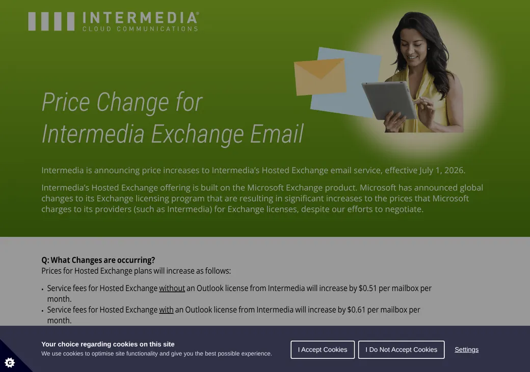 Screenshot of Intermedia Exchange Email's pricing page at go.intermedia.com
