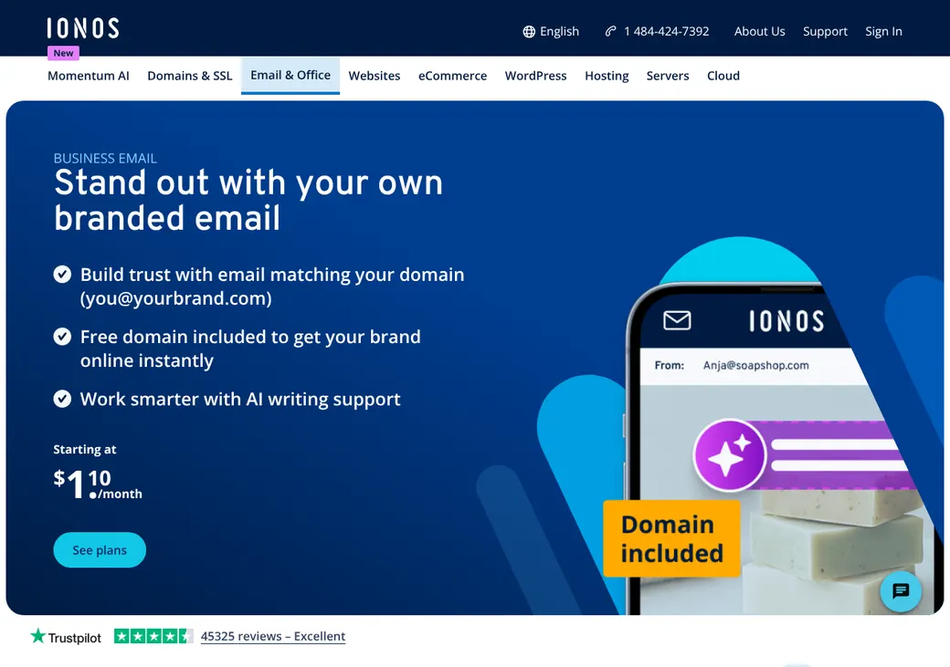 Screenshot of IONOS Business Email's product page at ionos.com