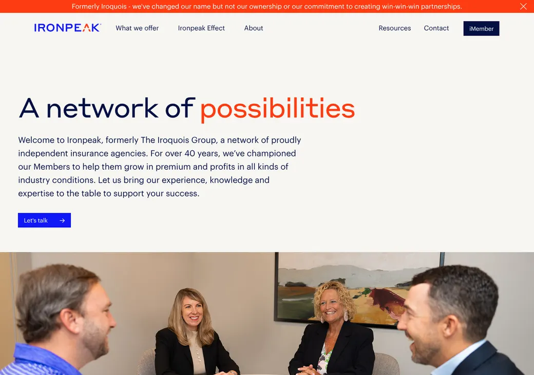 Screenshot of Ironpeak's home page at ironpeak.com