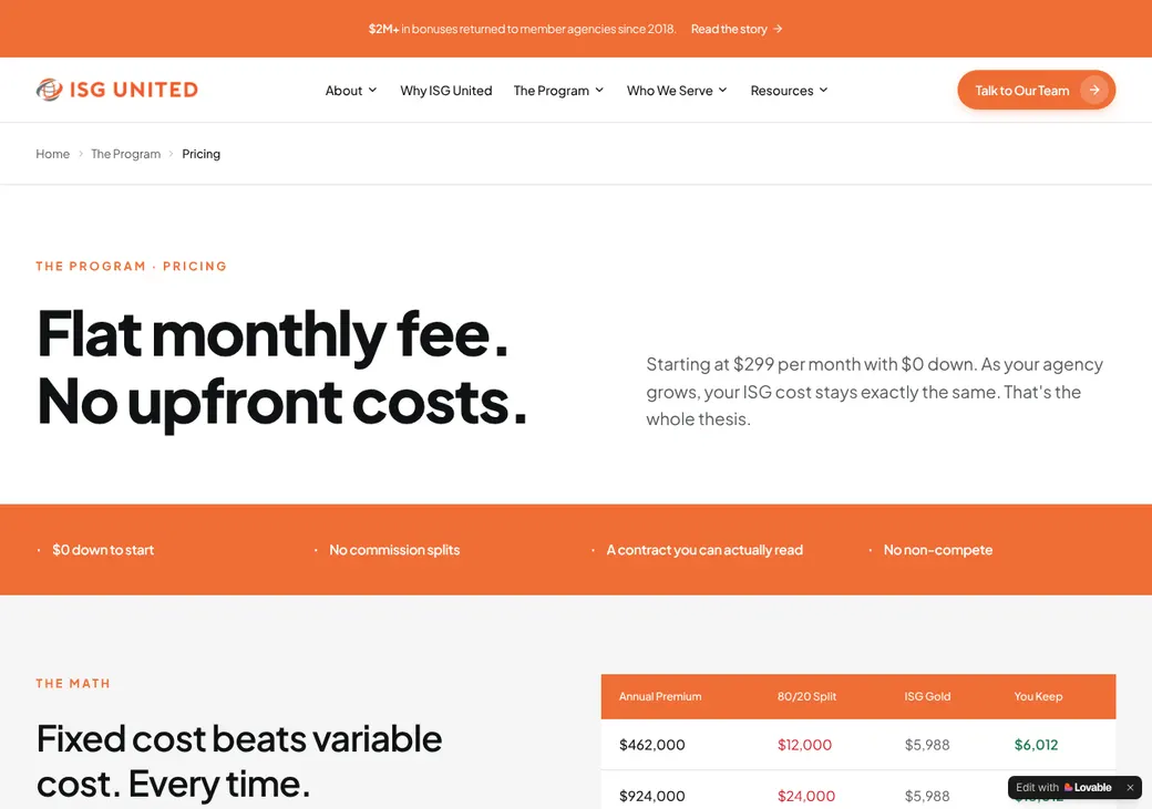 Screenshot of ISG United's pricing page at isgunited.com