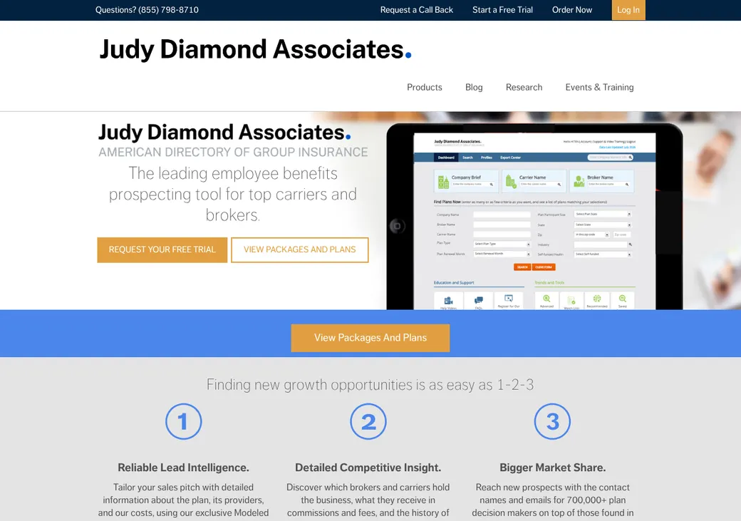 Screenshot of Judy Diamond Group Insurance Directory's product page at judydiamond.com