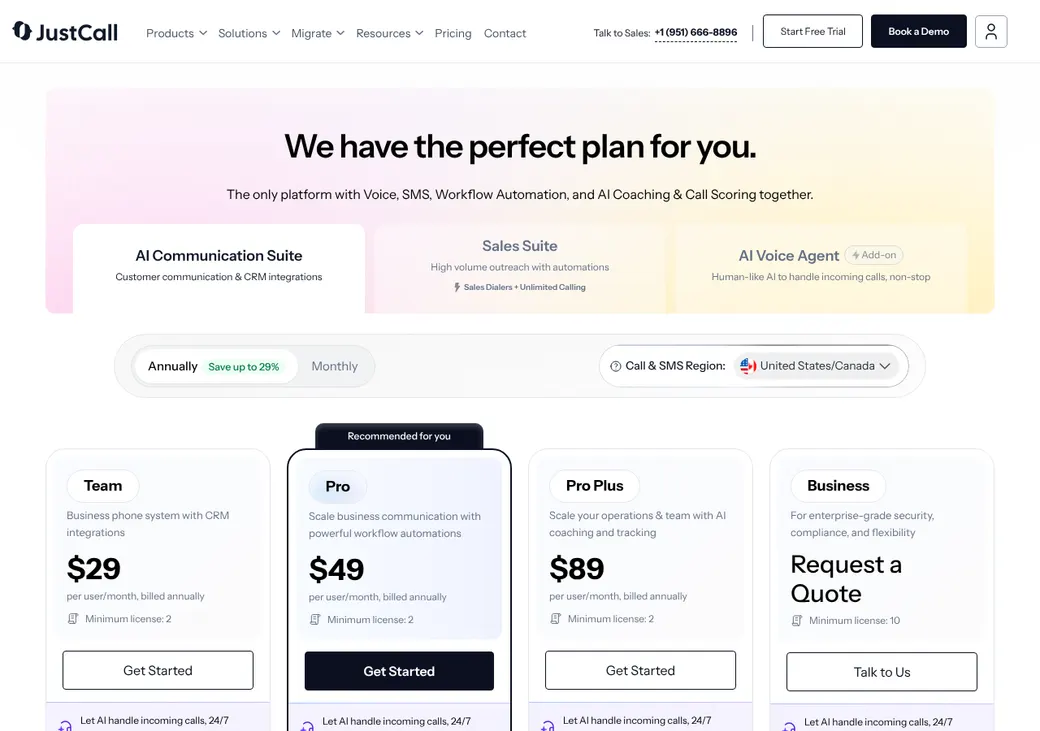 Screenshot of JustCall's pricing page at justcall.io