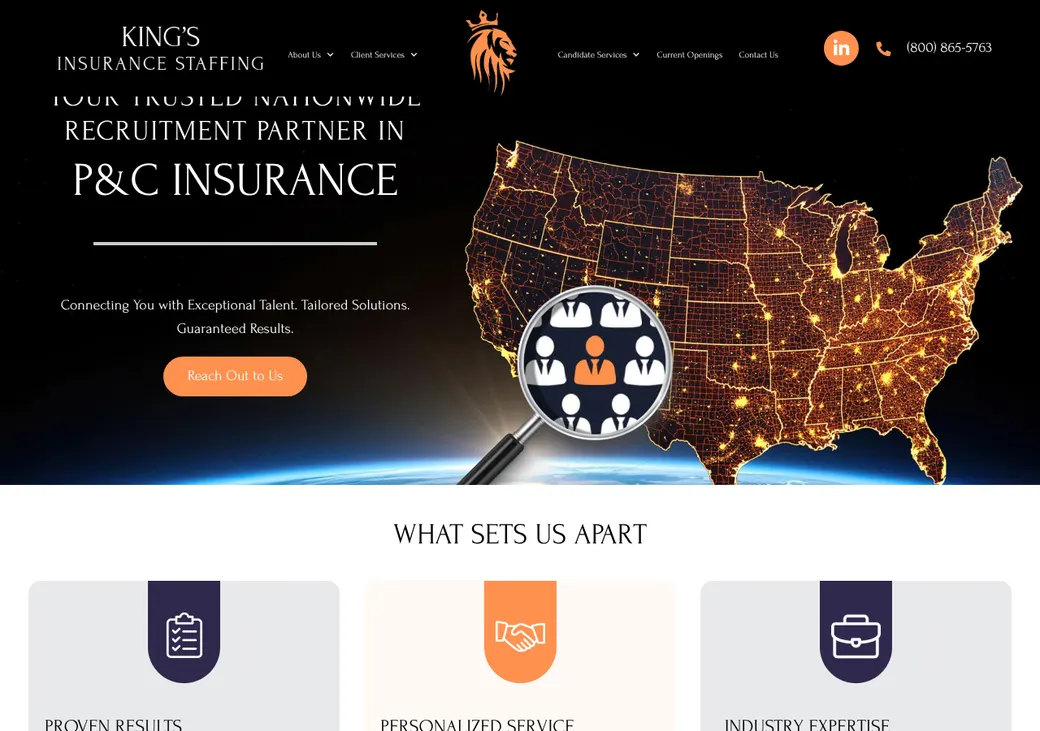 Screenshot of King’s Insurance Staffing's home page at thekingstaffing.com