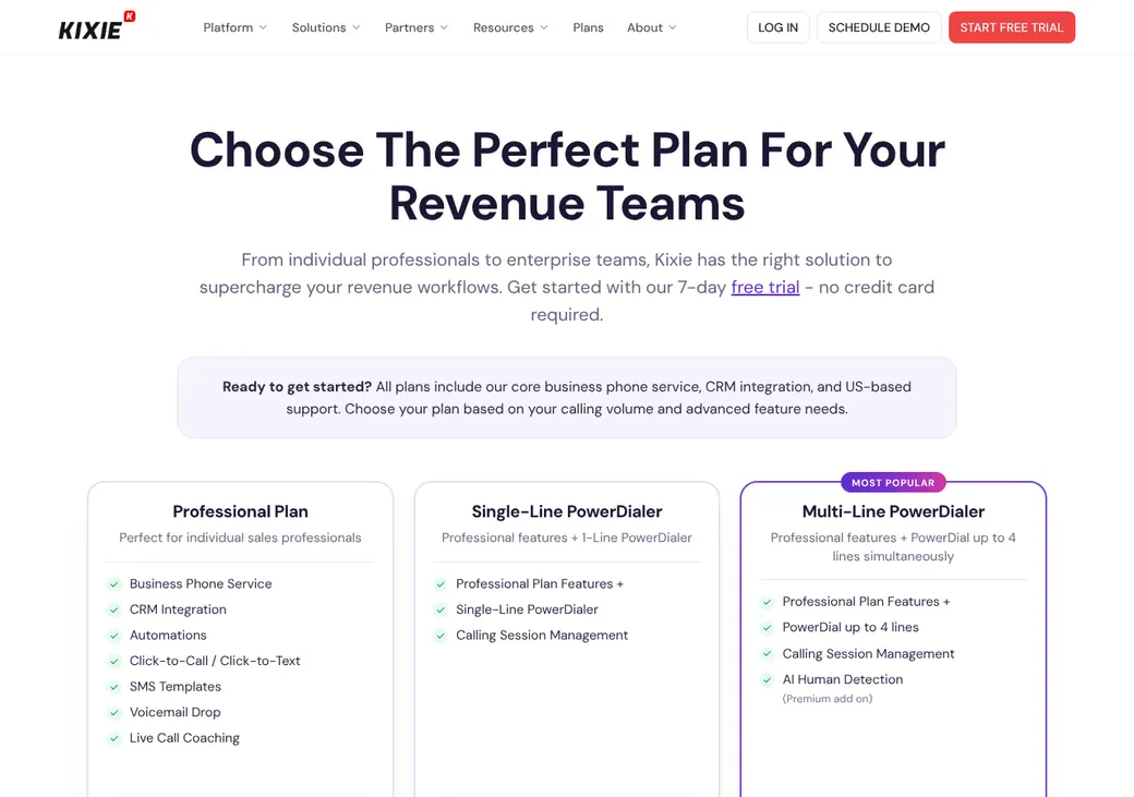 Screenshot of Kixie's pricing page at kixie.com