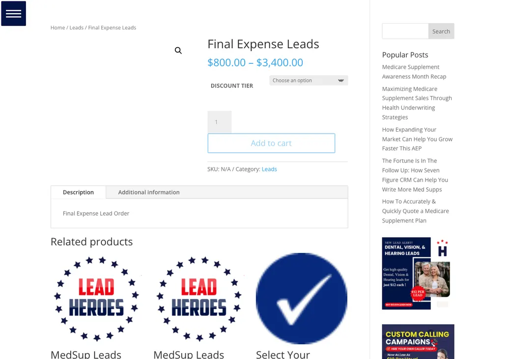 Screenshot of Lead Heroes' product page at leadheroes.com