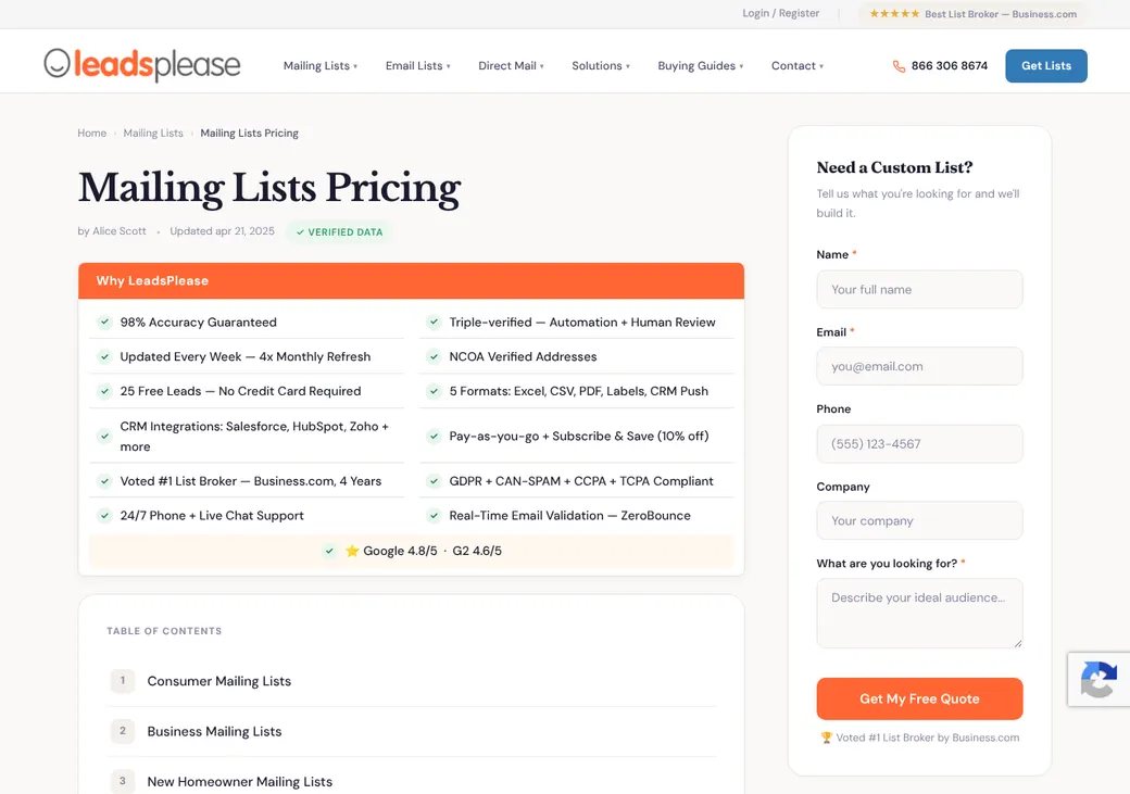 Screenshot of LeadsPlease's pricing page at leadsplease.com