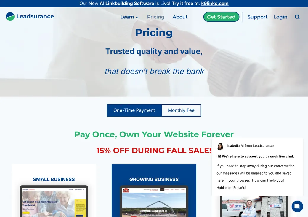 Screenshot of Leadsurance's pricing page at leadsurance.com