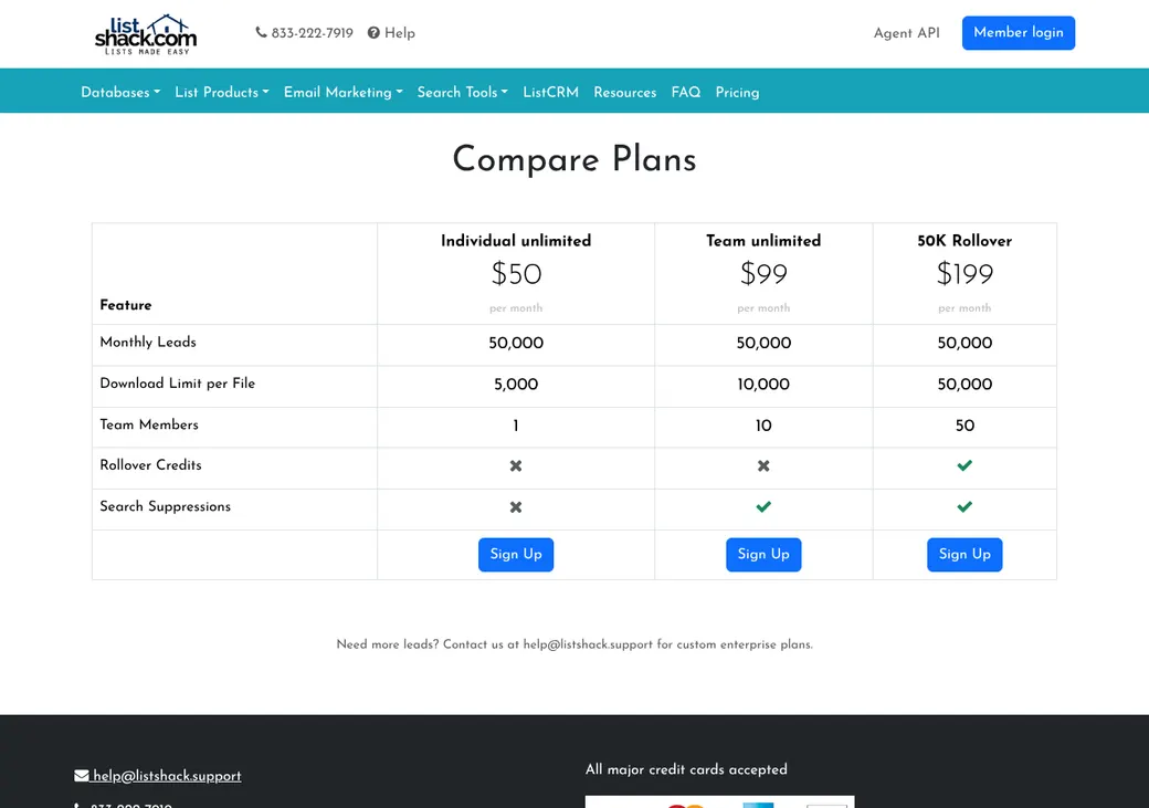 Screenshot of ListShack's pricing page at listshack.com