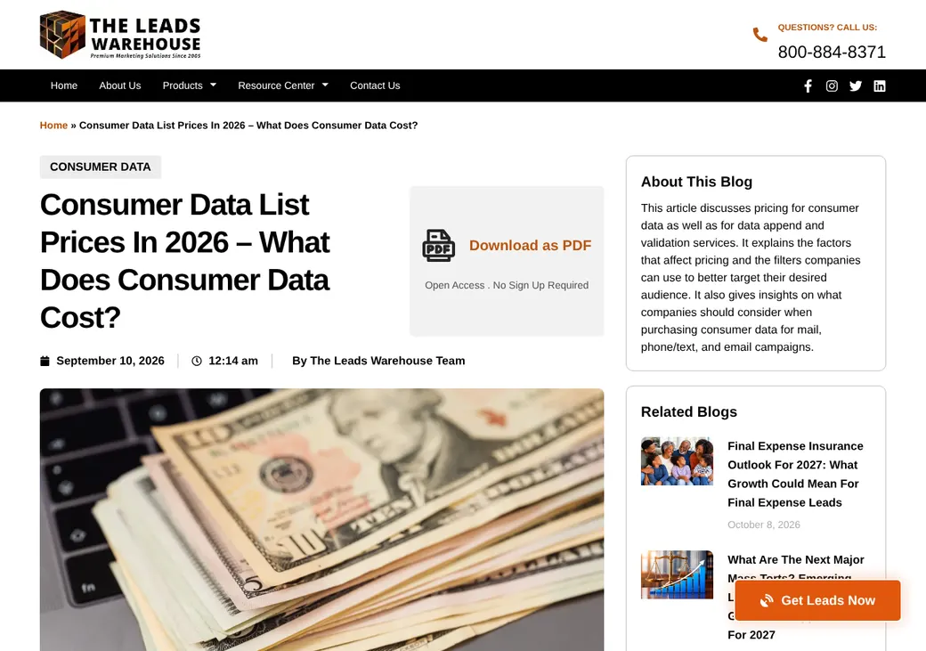 Screenshot of LRG's pricing page at theleadswarehouse.com