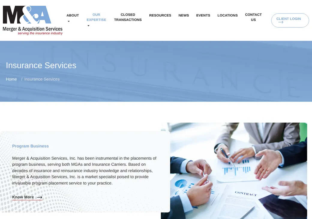 Screenshot of M&A Services' product page at maservices.com