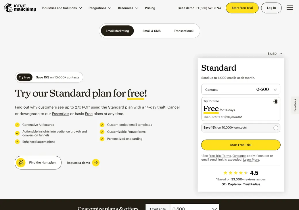 Screenshot of Mailchimp's pricing page at mailchimp.com