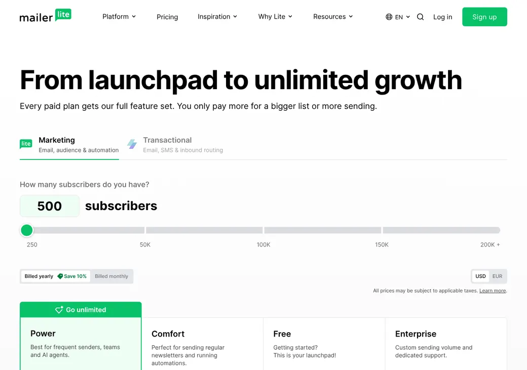 Screenshot of MailerLite's pricing page at mailerlite.com